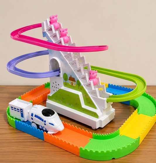 Electric Pig Climbing Track Toy Set with Music & Train