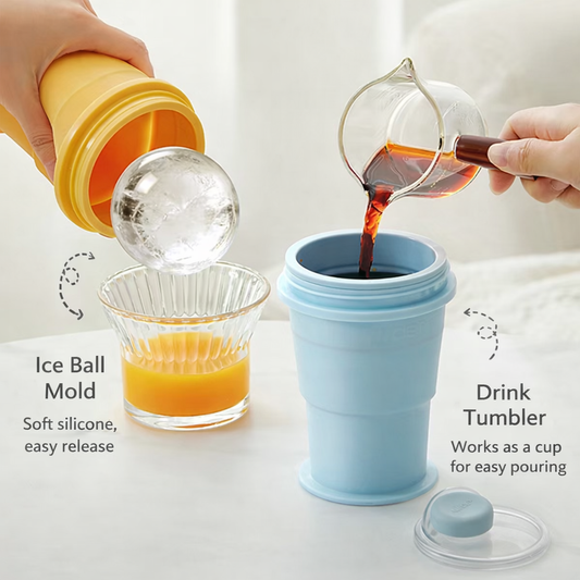 Foldable Ice Ball Drink Cup – Portable Silicone Tumbler with Built-In Ice Mold