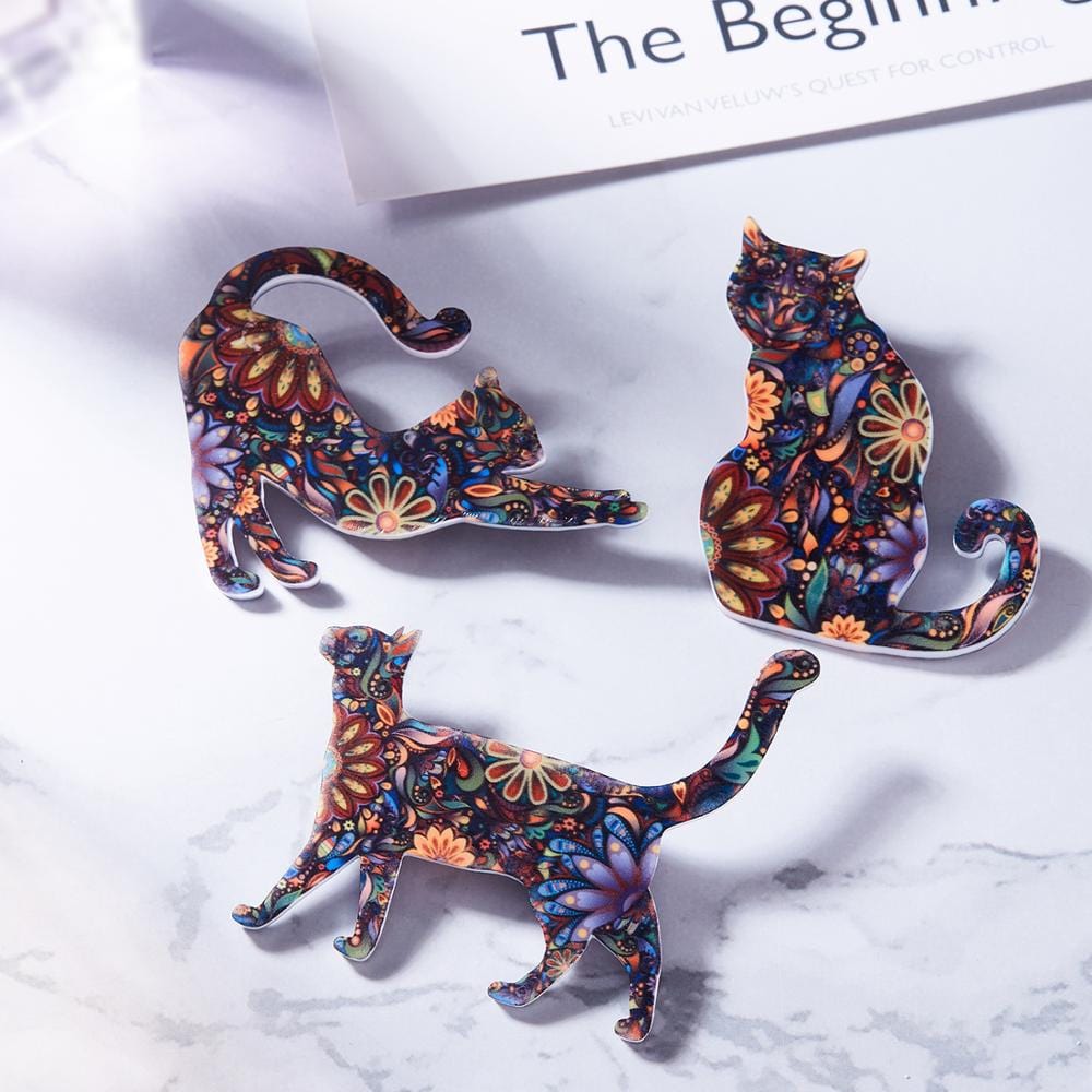 Multicolor Flowery Backpack Cat Brooch