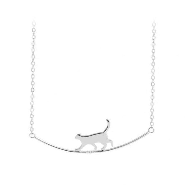 Walking Cat Curved Silver Necklace