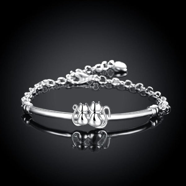 925 Sterling Silver Cat Couple Bracelet