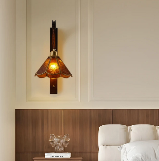 Foshan Vintage Floral Bedroom Wall Lamp – Solid Wood Retro Bedside Light with Brass Decoration