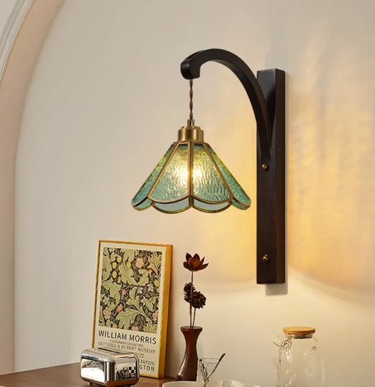 Foshan Vintage Floral Bedroom Wall Lamp – Solid Wood Retro Bedside Light with Brass Decoration