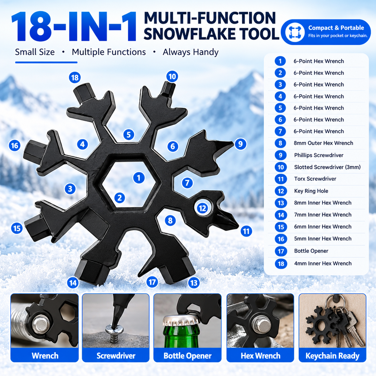 18-in-1 Portable Snowflake Multi-Tool Keychain