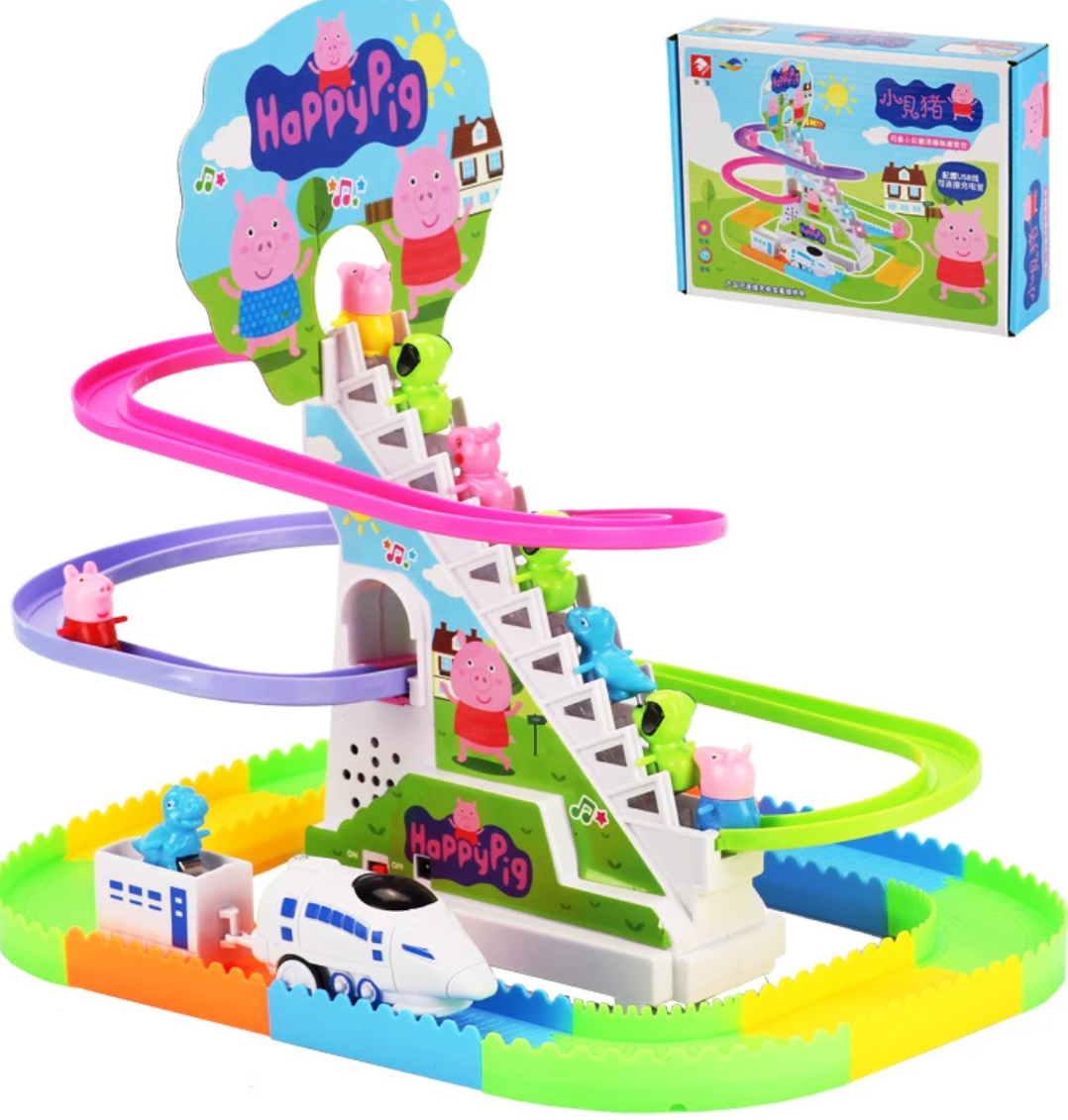 Electric Pig Climbing Track Toy Set with Music & Train