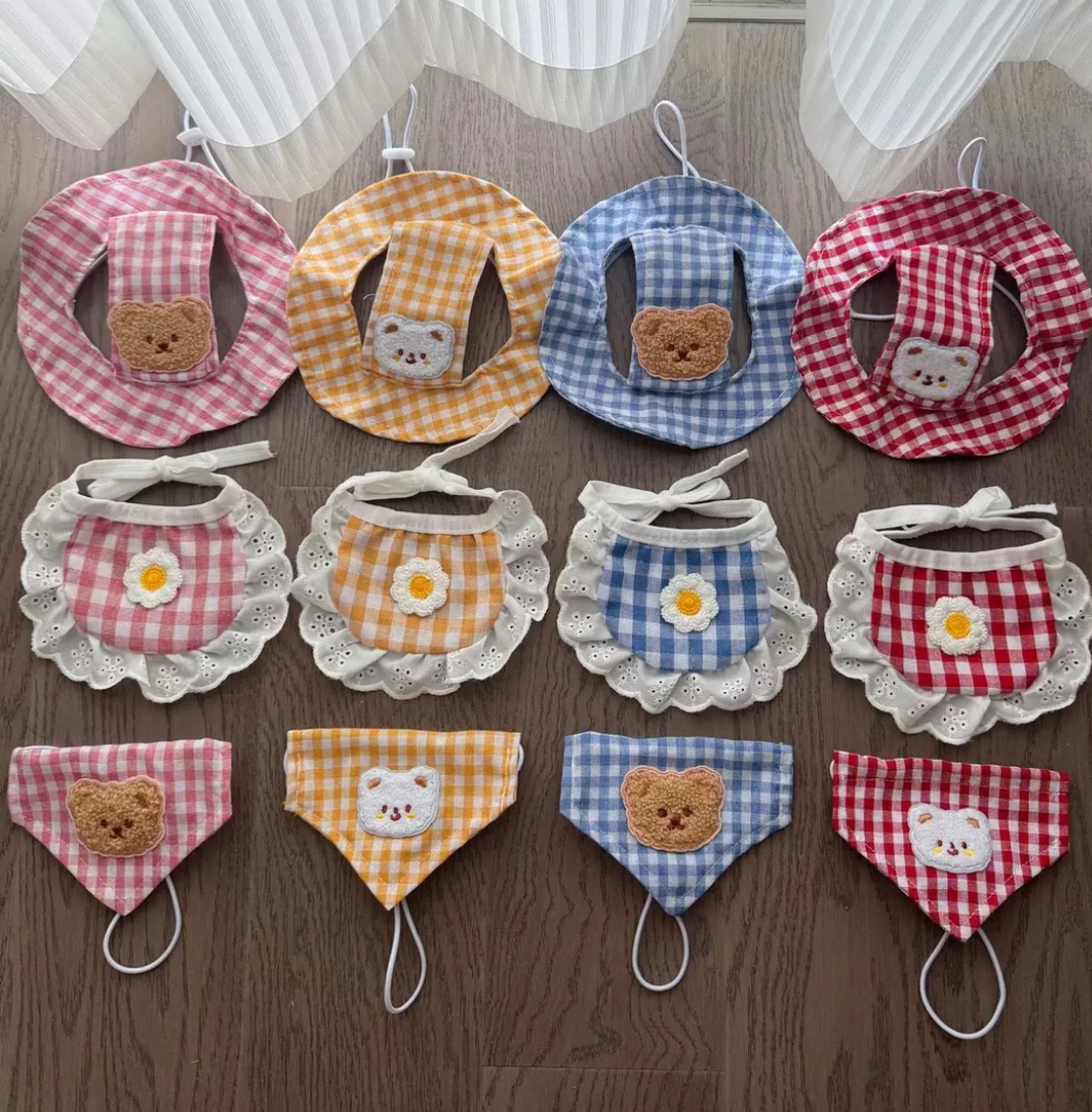 Pet Summer Sun Hat & Bandana – Adjustable Plaid Headwear for Dogs & Cats